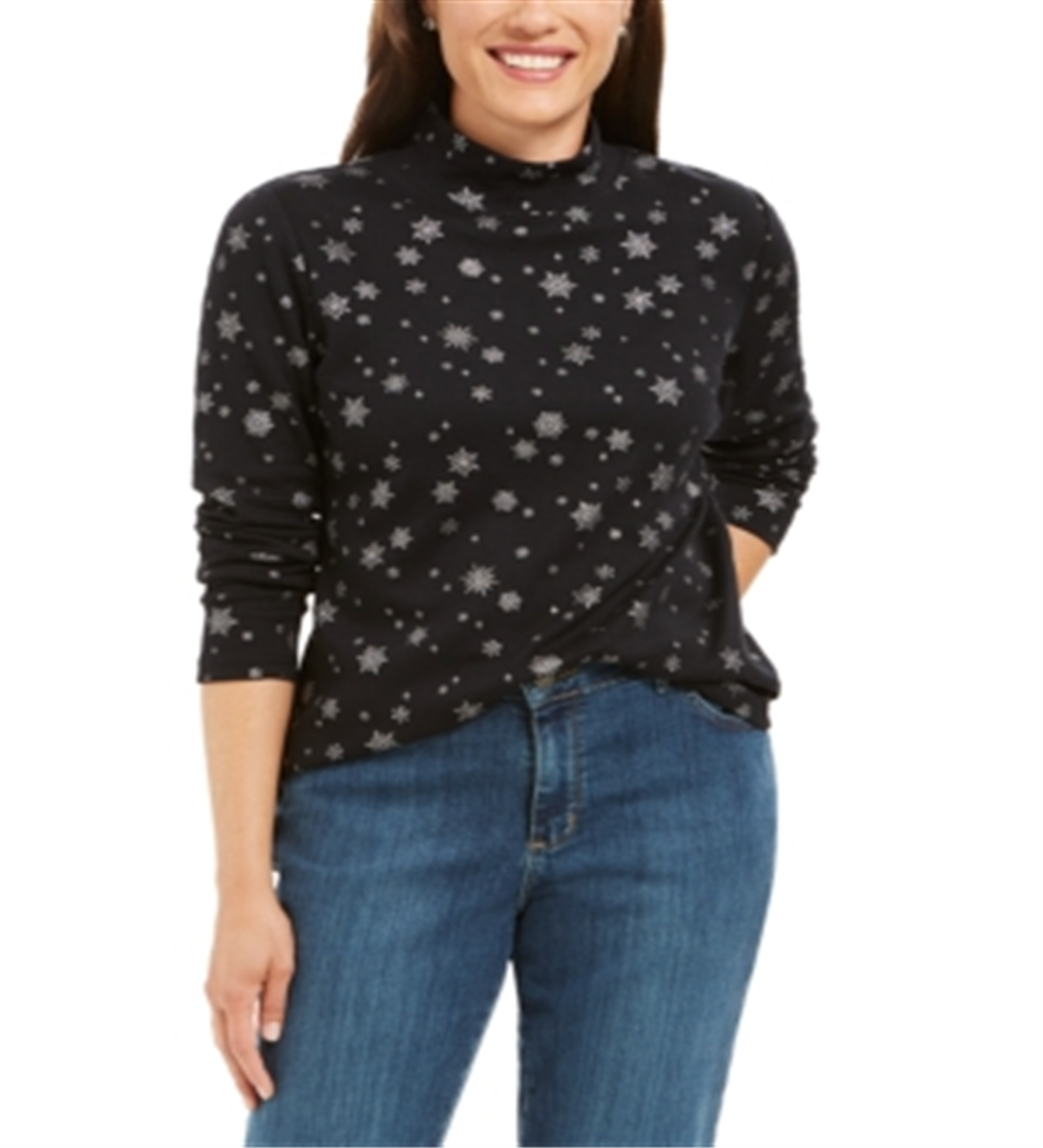 Karen Scott Women's Snowy Glory Mock Neck Top Black Size X-Small