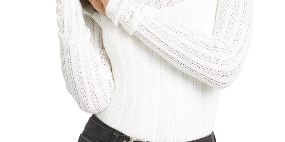 Hooked Up By IOT Junior's Knit Open Stitch Crewneck Sweater White Size Medium