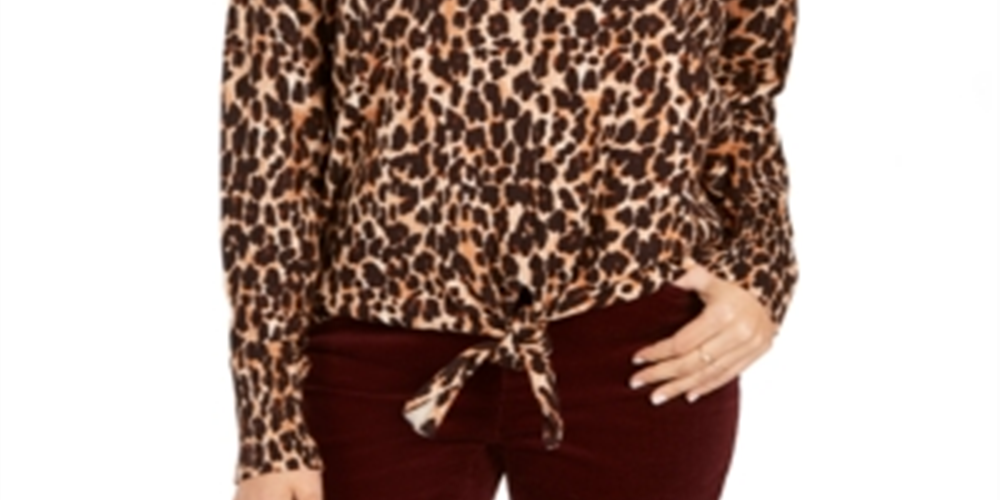Style & Co Women's Exotic Print Tie Hem Sweater Brown Size Petite L