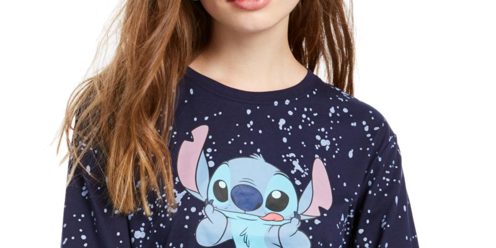 Disney Junior's Stitch Splatter Crewneck Long Sleeve Graphic T-Shirt Blue Size Large