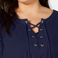 Tommy Hilfiger Women's Lace Up 3/4 Sleeve Jewel Neck Top Blue Size 2X