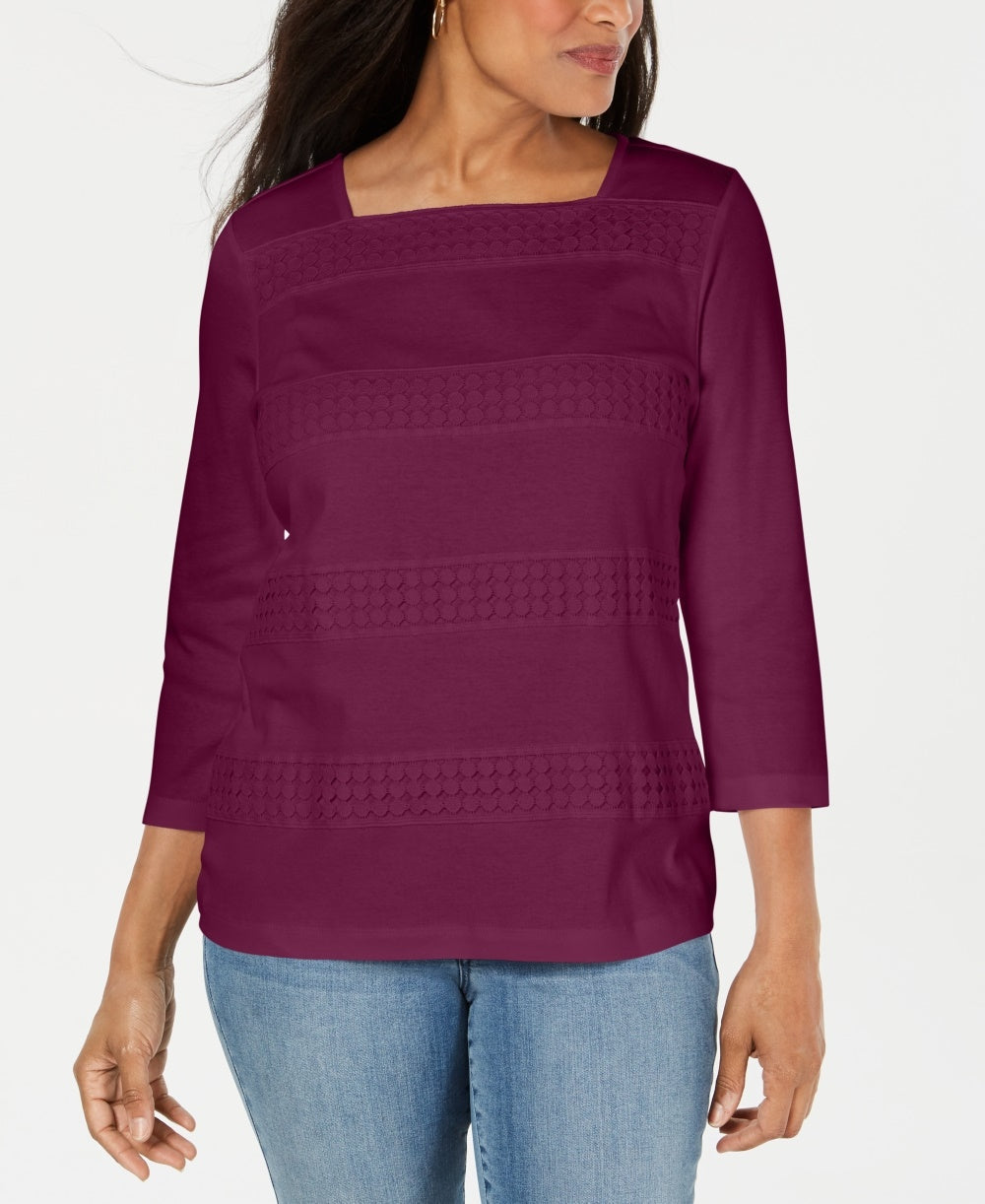 Karen Scott Women's Square Neck Lace Stripe Top Purple Size X-Large