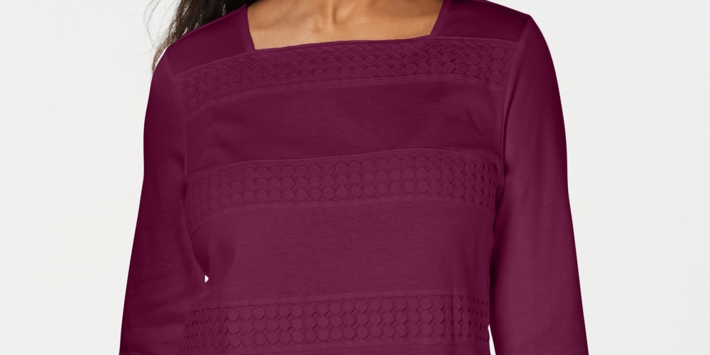 Karen Scott Women's Square Neck Lace Stripe Top Purple Size X-Large