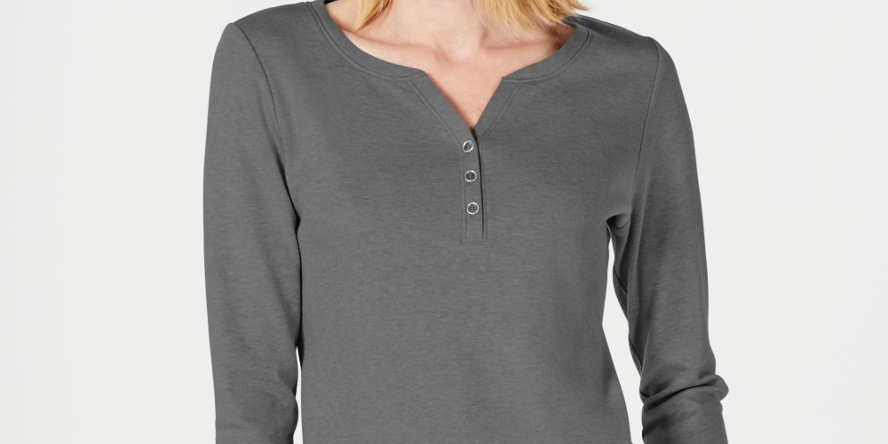 Karen Scott Women's Cotton Henley Top Charcoal Size XX-Large