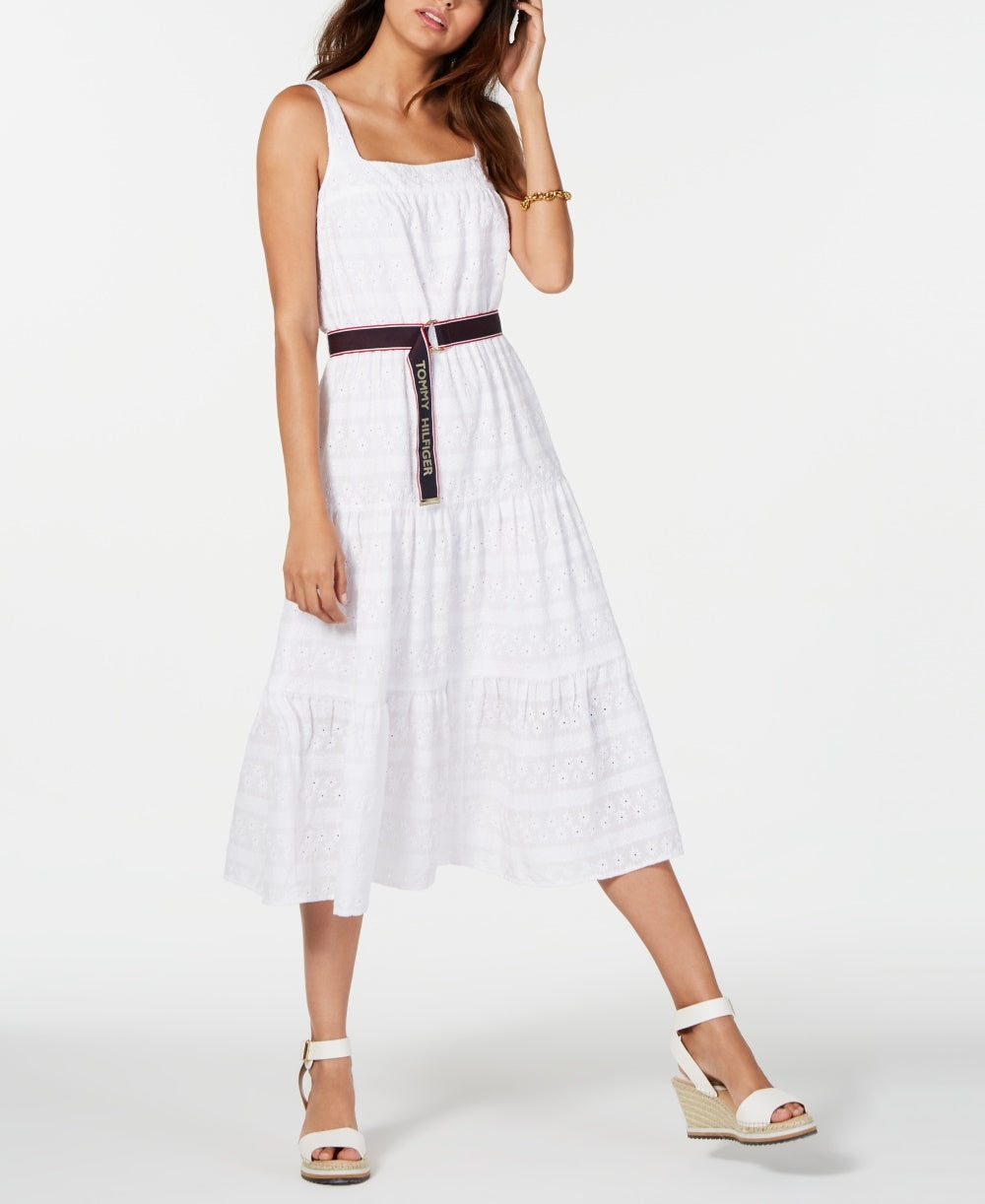 Tommy Hilfiger Women's Cotton Eyelet Midi Dress  White Size 4