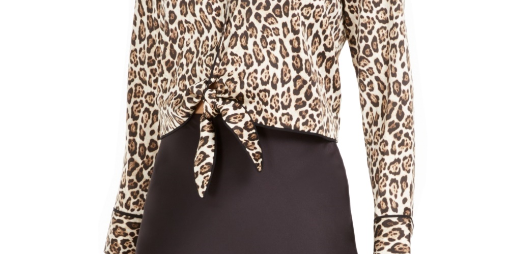 Bar III Women's Becca Tilley X Leopard Print Tie Front Satin Top Beige Size Small