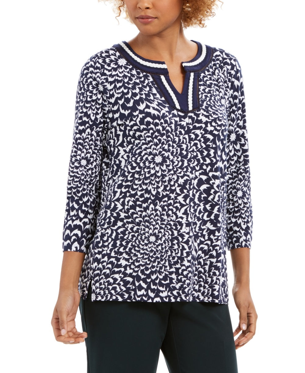 Charter Club Women's Printed Crochet Trim Tunic Top Blue Size X-Small