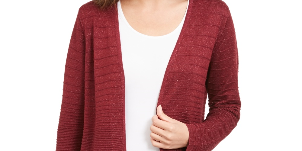 Alfani Women's Petite Lurex Stitch Cardigan Red PL