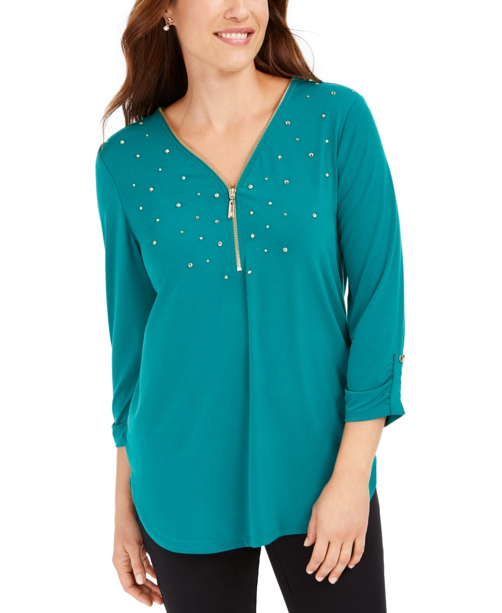 JM Collection Women's Embellished Zipper Trim Top Green Size Petite Small