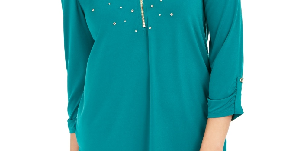 JM Collection Women's Embellished Zipper Trim Top Green Size Petite Small