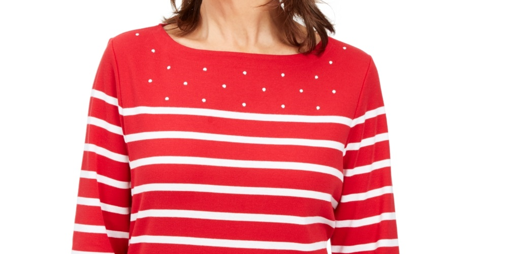 Karen Scott Women's Striped Boatneck T-Shirt Red Size Petite X-Large