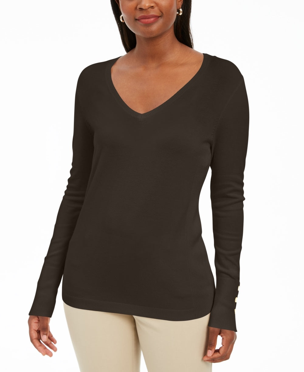 JM Collection Women's Embellished-Sleeve V-Neck Sweater Brown Size Large