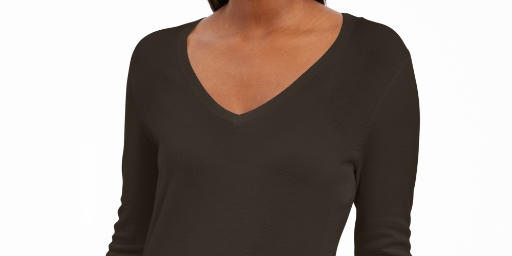 JM Collection Women's Embellished-Sleeve V-Neck Sweater Brown Size Large