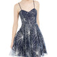 Blondie Nites Women's Sequined Zippered Spaghetti Strap Sweetheart Neckline Mini Party Fit Flare Dress Blue Size 5