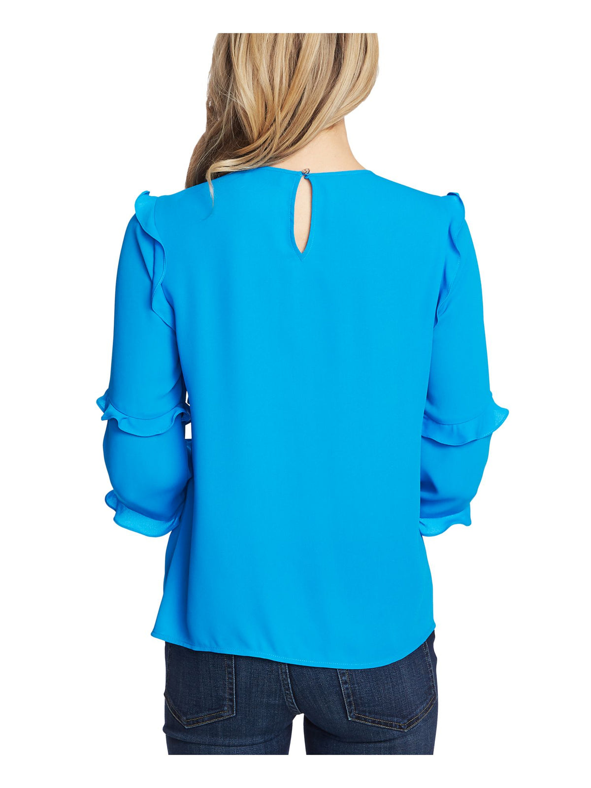 CeCe Women's Ruffled Long Sleeve Jewel Neck Top Blue Size Small