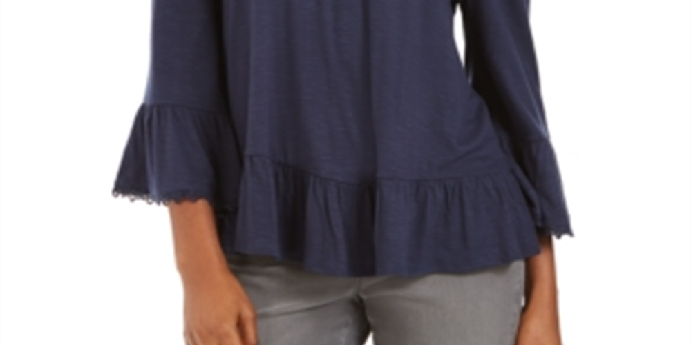 Style & Co Women's Off the Shoulder Bell Sleeve Top Blue Size Small