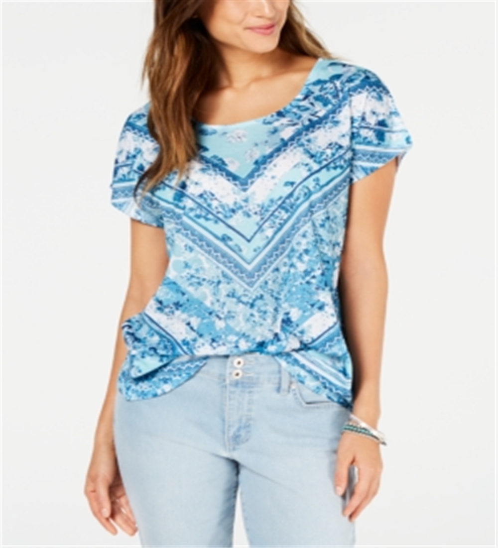 Style & Co Women's Printed Dolman Sleeve T-Shirt Blue Size Petite M