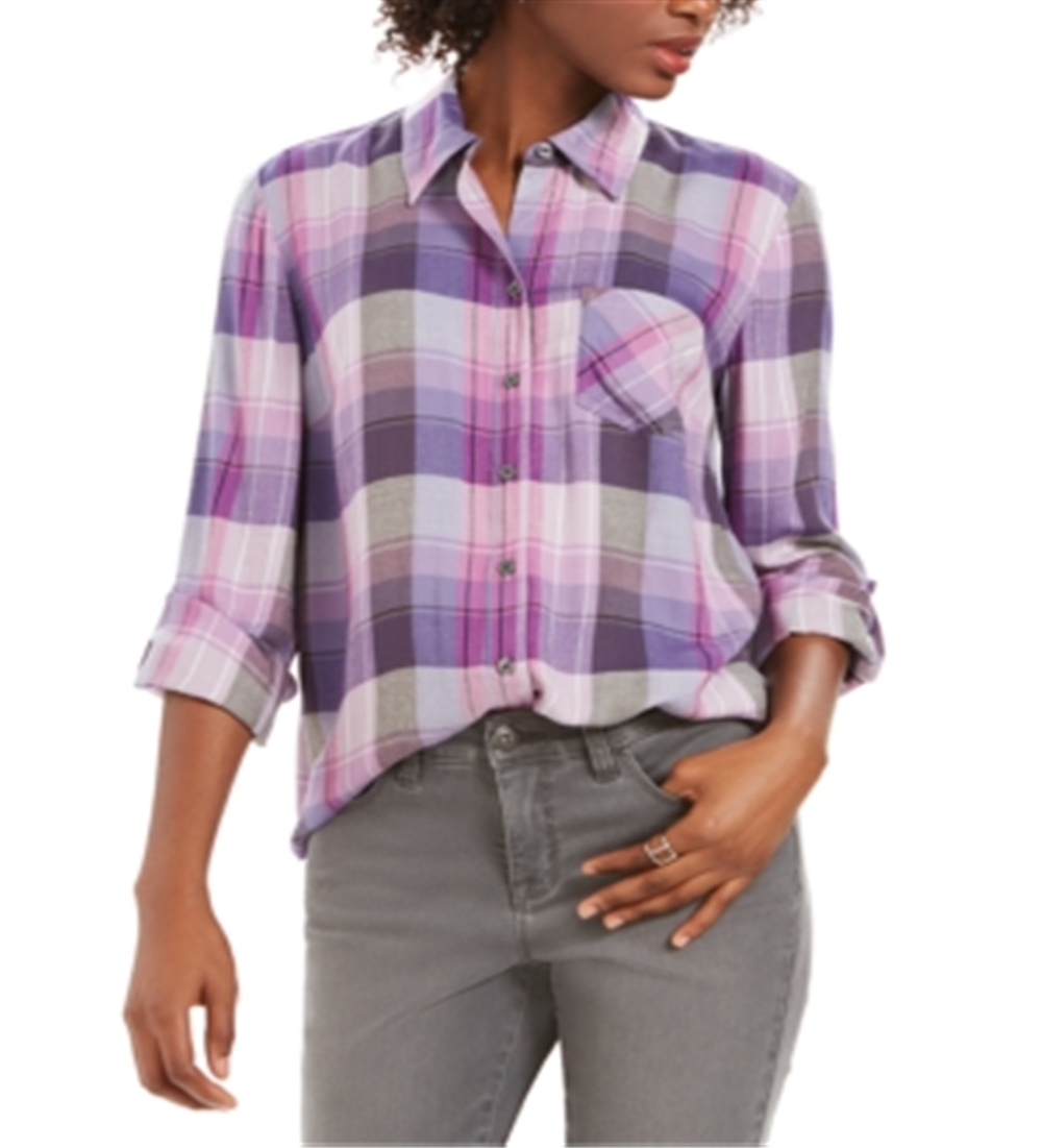 Style & Co Women's Plaid One Pocket Shirt Purple Size Small