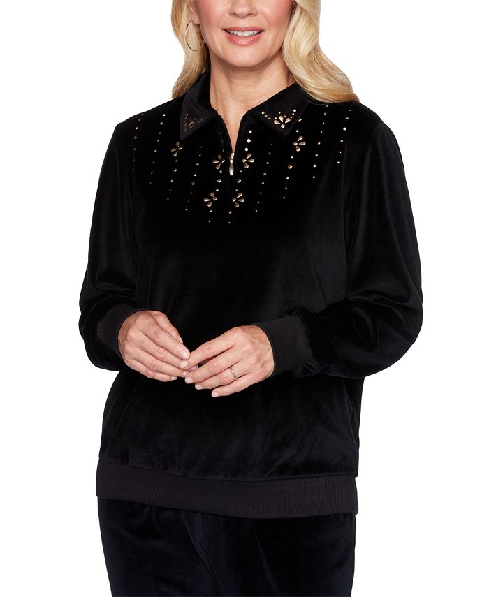 Alfred Dunner Women's Pullover Sweaters Embellished Velour Quarter Zip Pullover Black Size Petite M