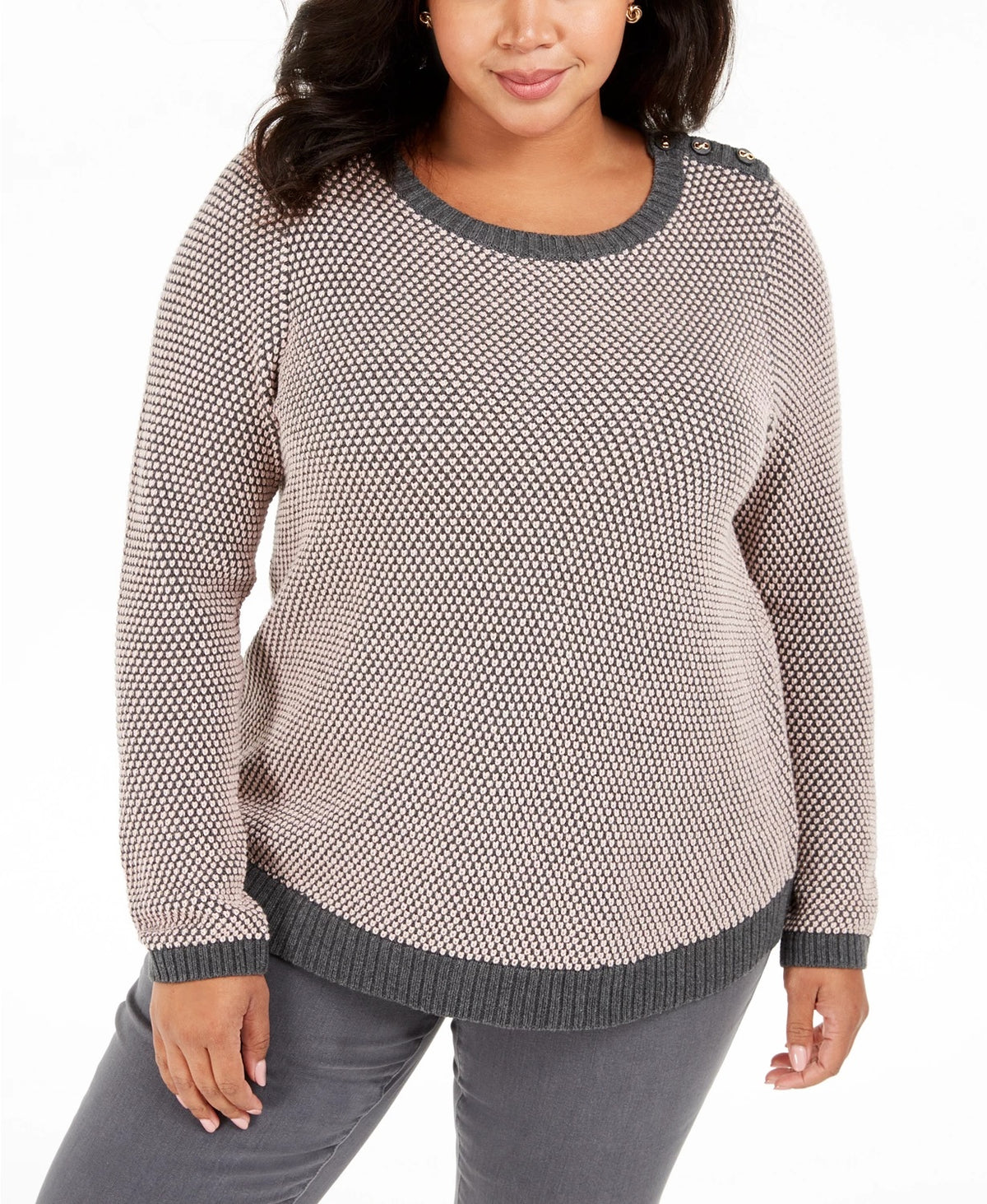 Charter Club Women's Plus Button Trim Contrast Accent Sweater Gray Size 0X