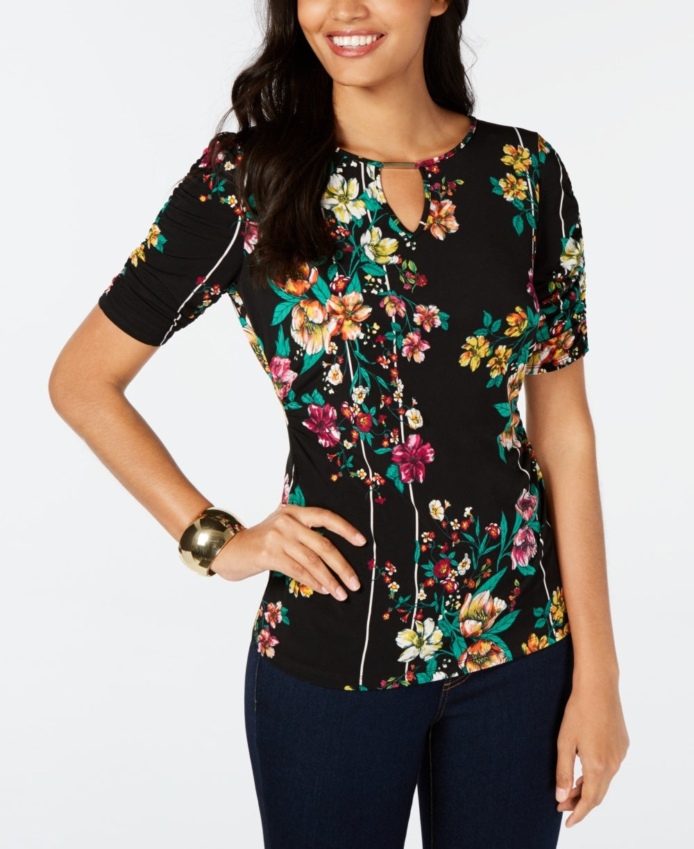 Thalia Sodi Women's Printed Elbow Sleeve Keyhole Top Black Size XX-Large