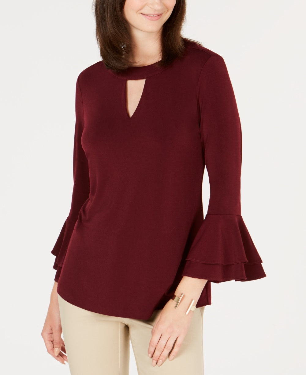 Charter Club Women's 3/4 Bell-Sleeve Keyhole Neck Top Wine Size X-Small