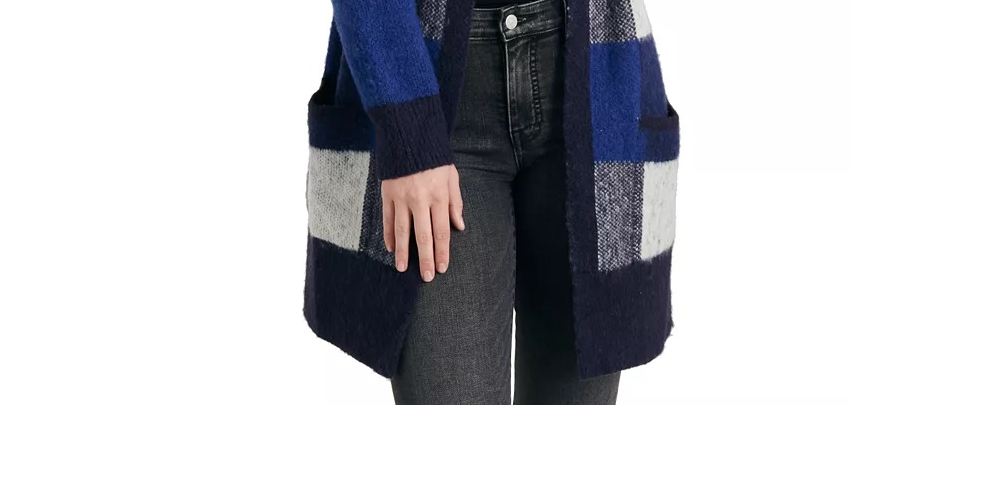 Lucky Brand Womens Wool Blend Check Print Cardigan Sweater Blue Size X-Small