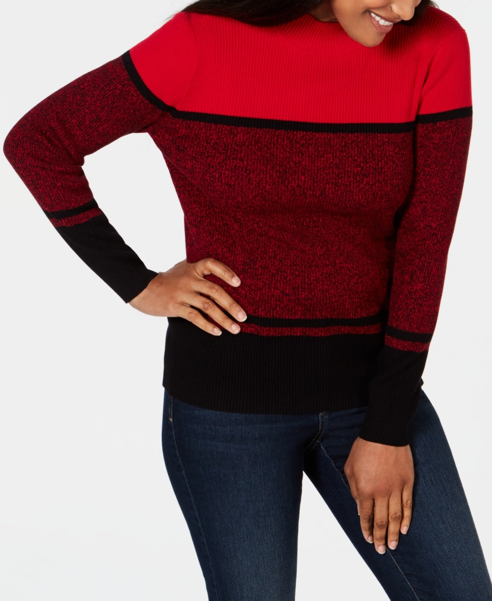 Karen Scott Women's Ribbed Mock-Neck Cotton Sweater Bright Red Size Small