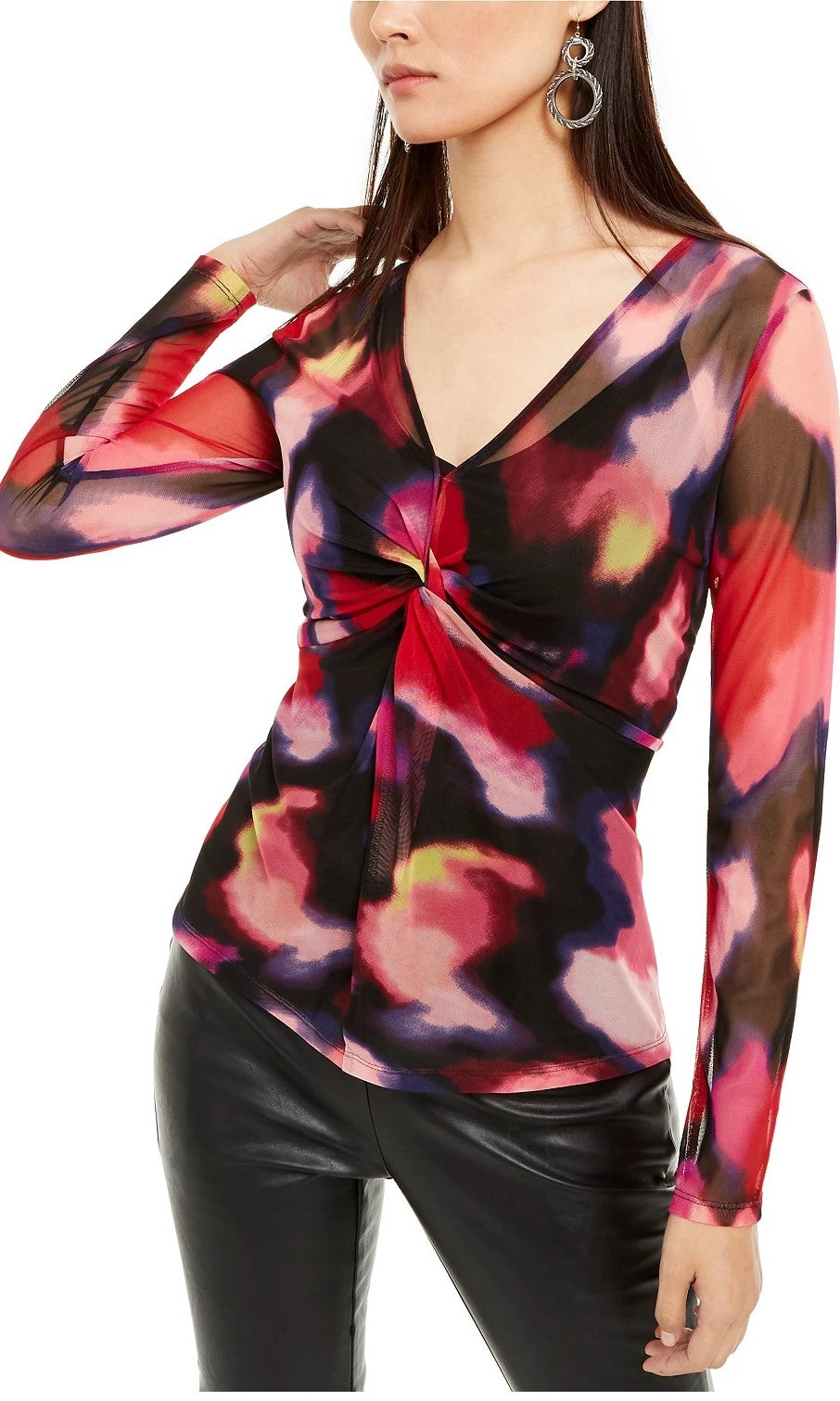 INC International Concepts Women's Printed Twist Front Top Black Size PM