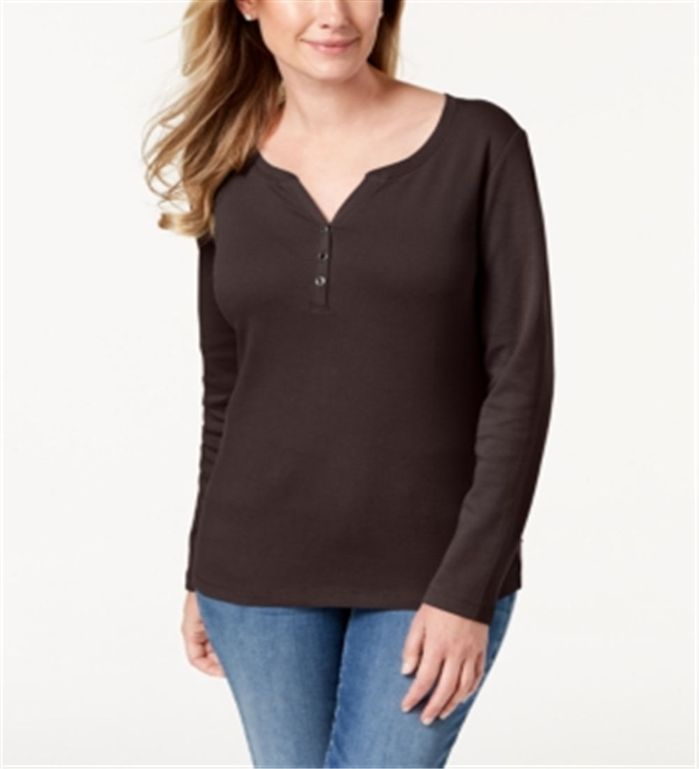 Karen Scott Women's Cotton Henley Neck Top Brown Size Petite