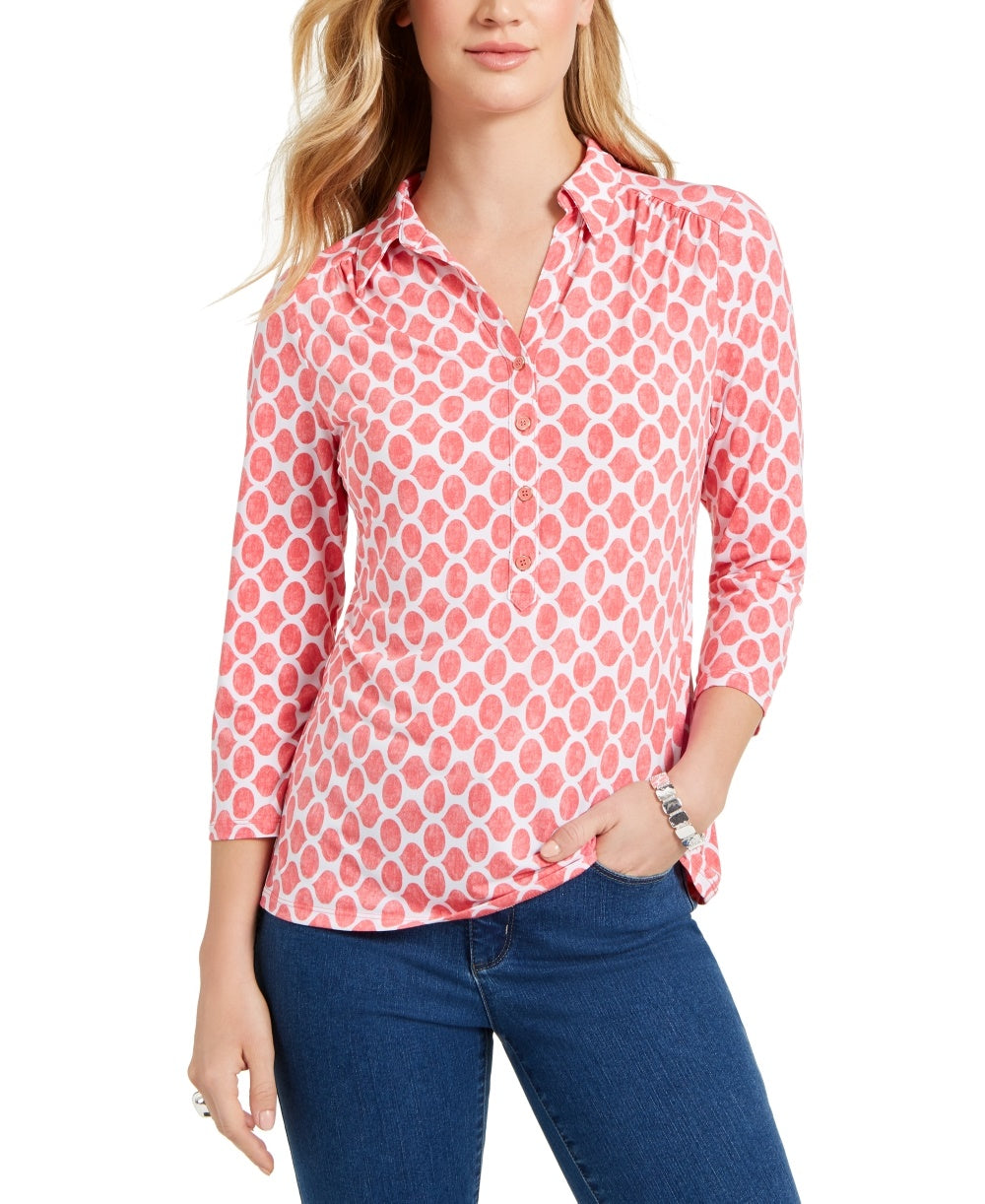 Charter Club Women's 3/4 Sleeve Printed Polo Top  Red Size XX Large