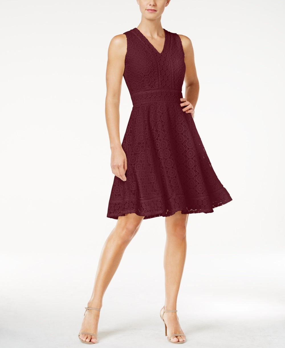 Charter Club Women's Lace Fit & Flare Dress  Wine Size Small