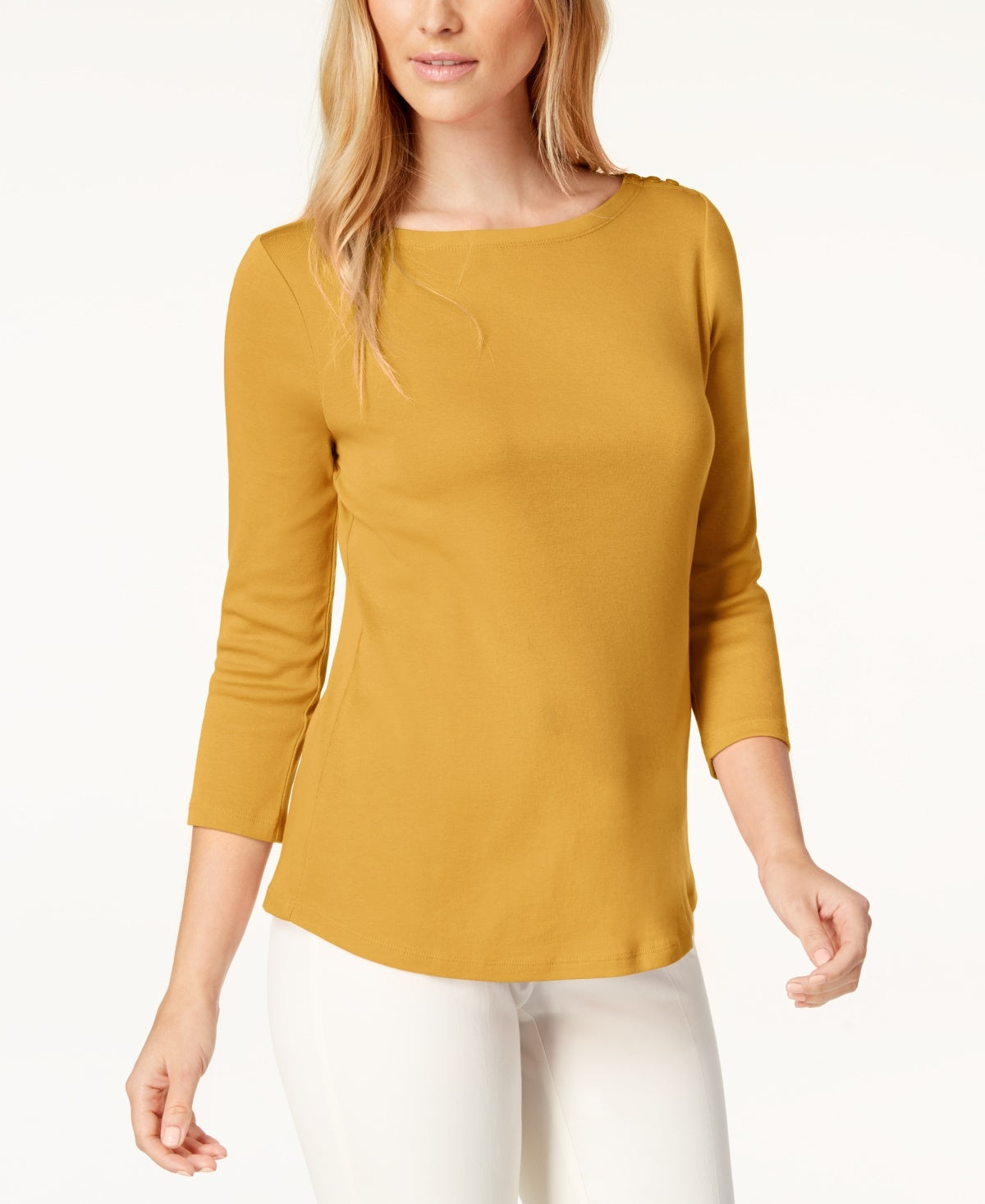 Charter Club Women's Pima Cotton Boat-Neck Button-Shoulder Top Gold Size X-Small