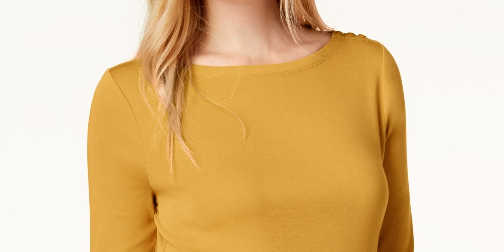 Charter Club Women's Pima Cotton Boat-Neck Button-Shoulder Top Gold Size X-Small
