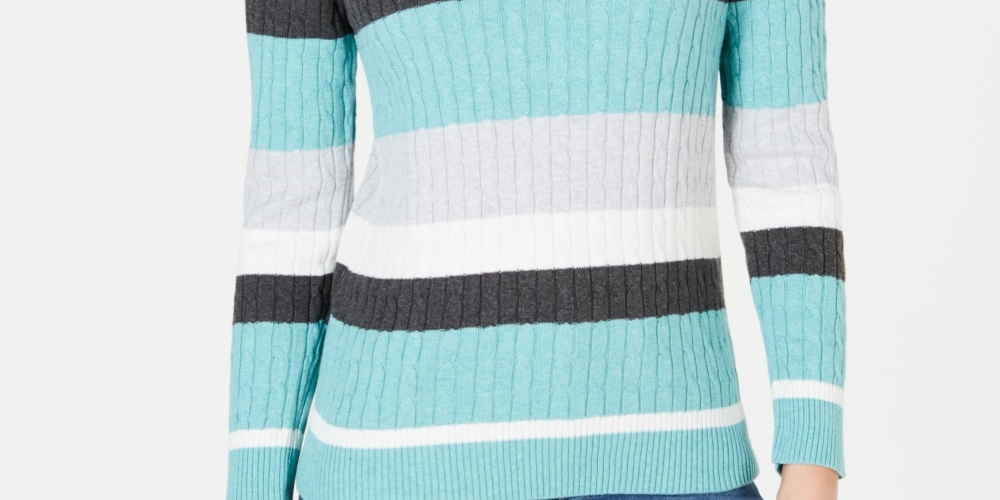Karen Scott Women's Striped Cotton Cable Knit Sweater Blue Size Petite Small