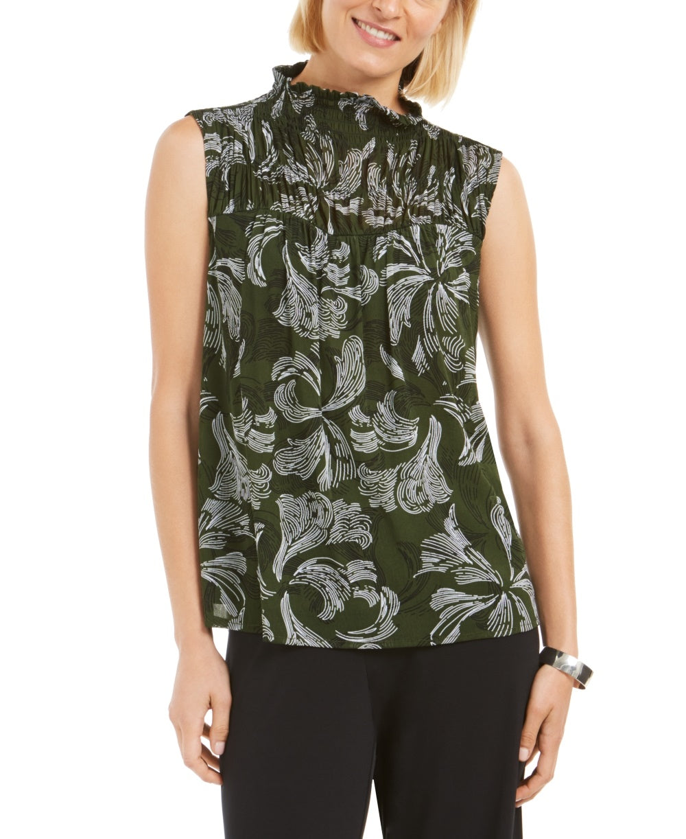 Alfani Women's Petite Smocked Mock-Neck Top  Green Size PL