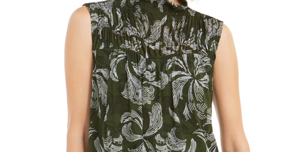 Alfani Women's Petite Smocked Mock-Neck Top  Green Size PL