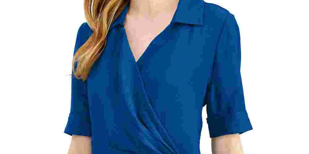 Alfani Women's Petite Draped-Front Collared Top  Blue Size PL