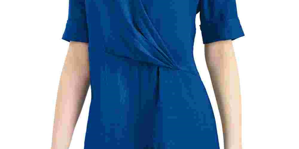 Alfani Women's Petite Draped-Front Collared Top  Blue Size PL
