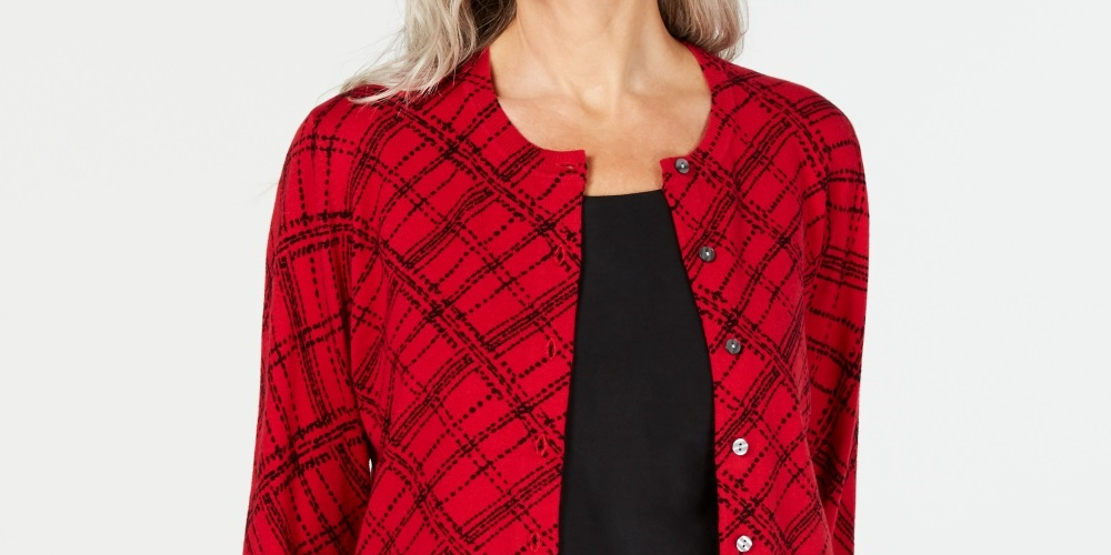 Karen Scott Women's Pamela Plaid Cardigan Red Size PL
