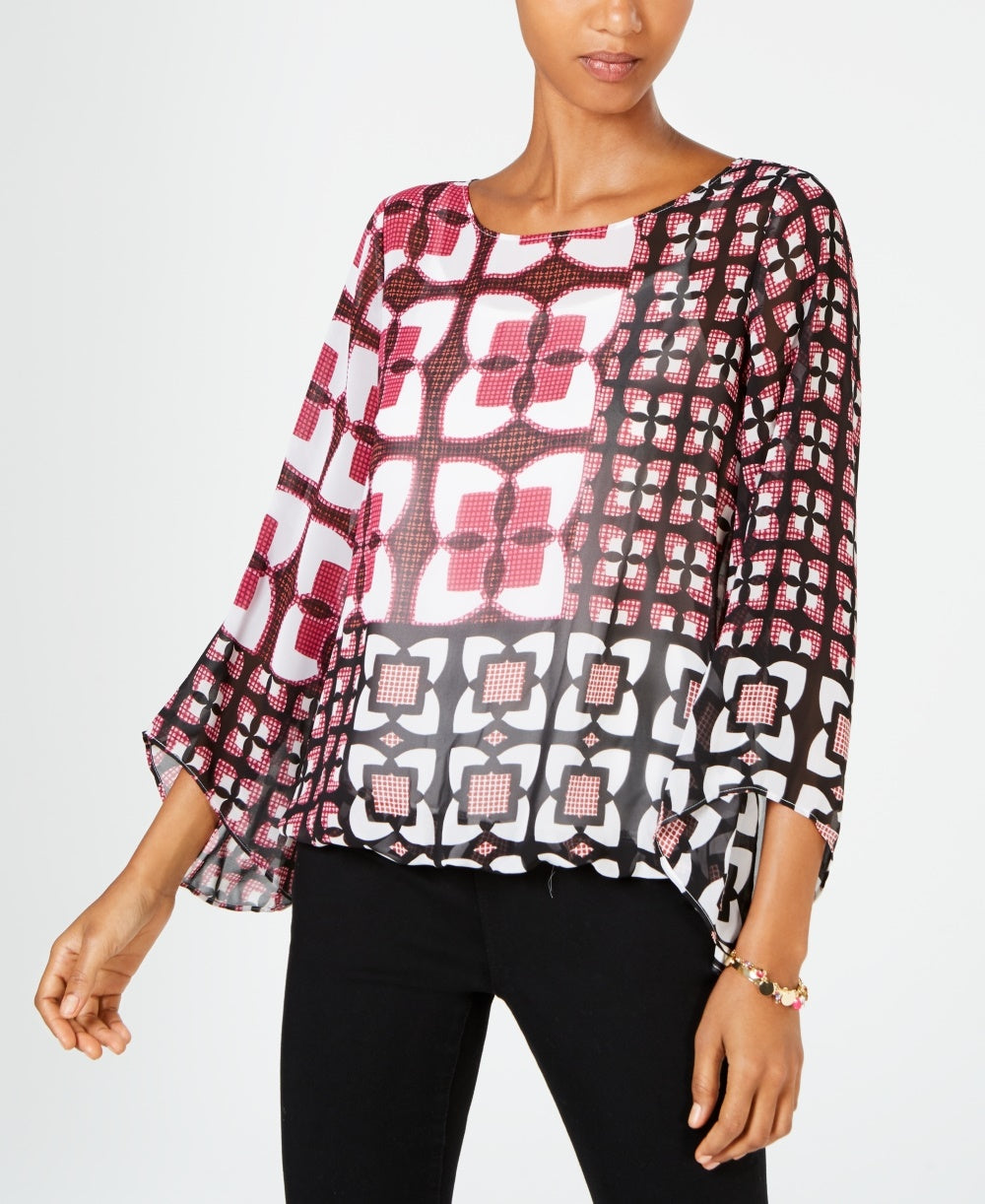 Alfani Women's Petite Batik-Print Top Pink Size PL
