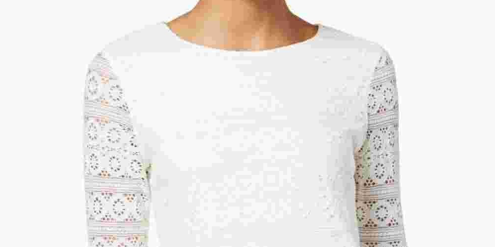 Charter Club Women's Petite Lace 3/4-Sleeve Top  White Size PM