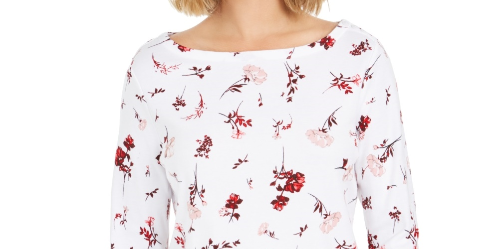 Charter Club Women's Petite Printed Pima Cotton Top White Size Petite X-Large