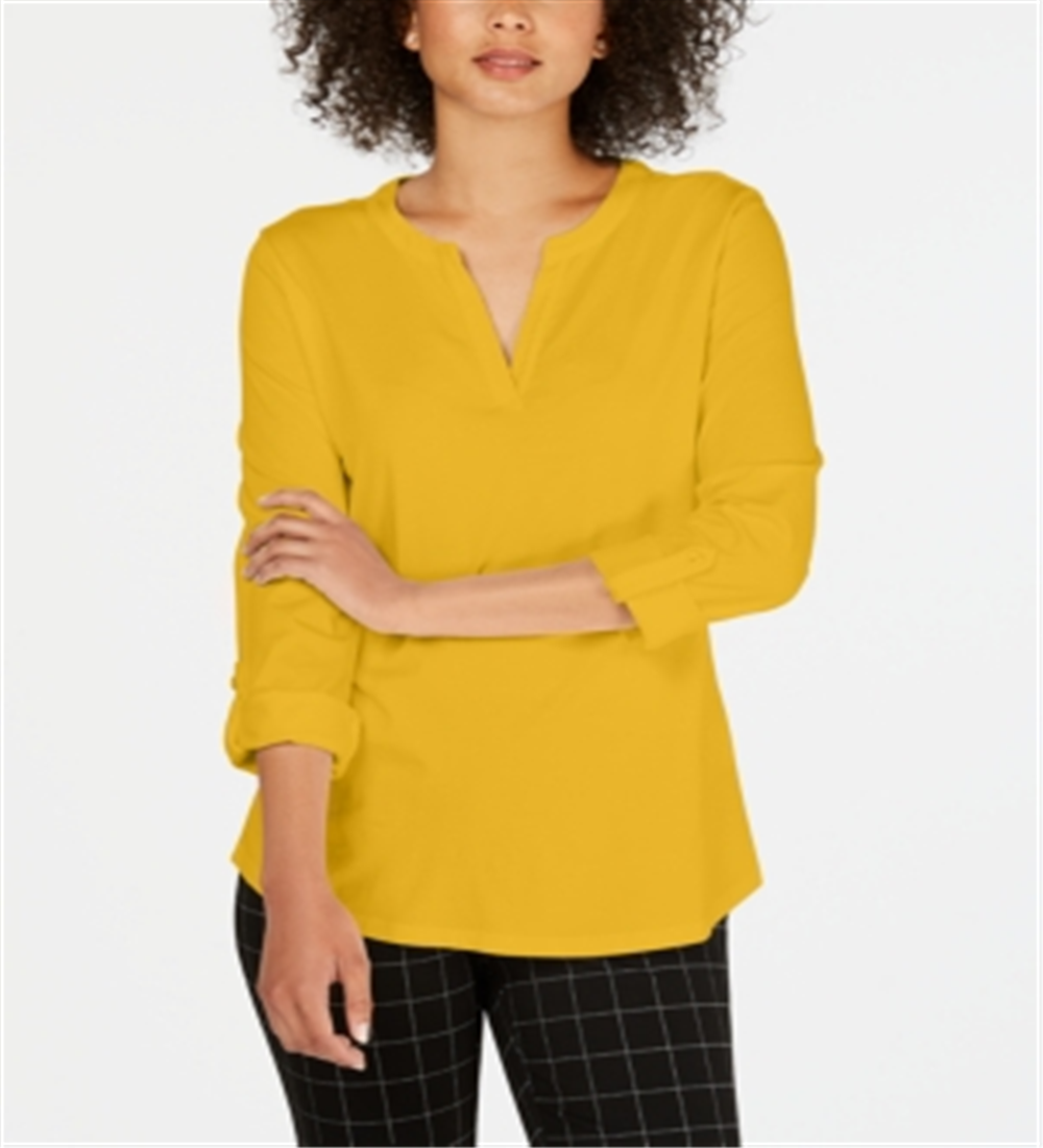 Charter Club Women's Supima Cotton Split Neck Top Yellow Size Petite L