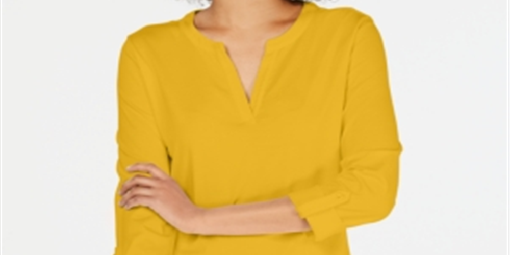 Charter Club Women's Supima Cotton Split Neck Top Yellow Size Petite L