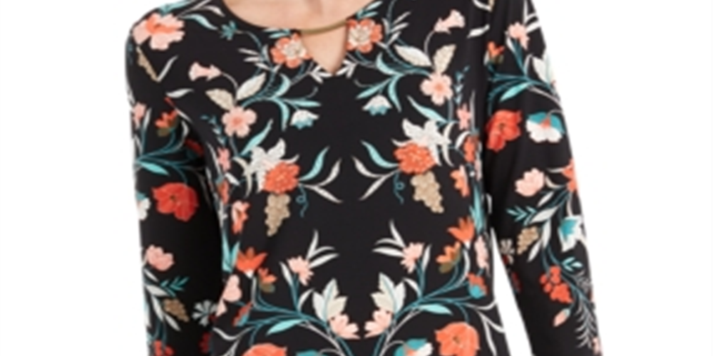 JM Collection Women's Printed Handkerchief Hem Top- Black Floral -Size Small