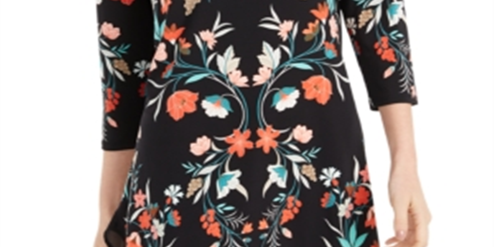 JM Collection Women's Printed Handkerchief Hem Top- Black Floral -Size Small