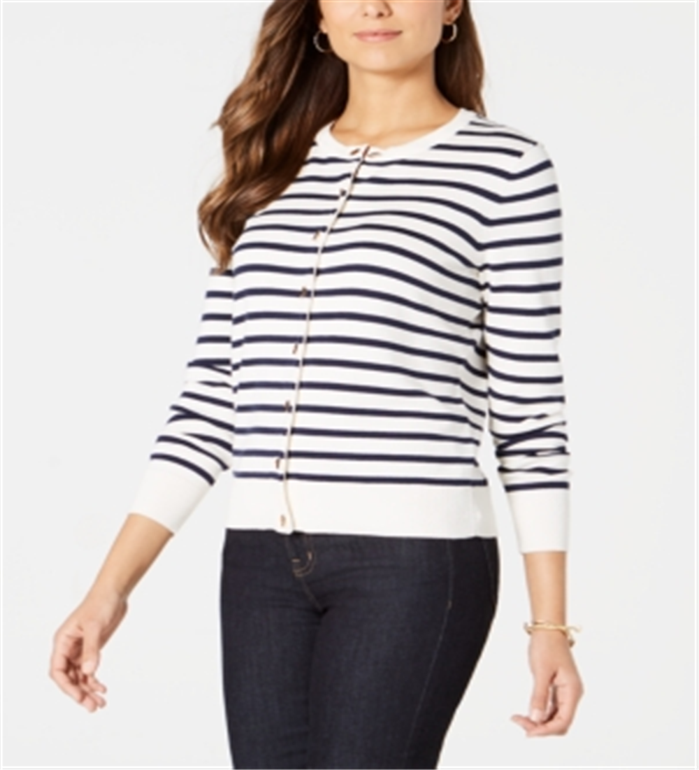 Charter Club Women's Striped Toggle Closure Cardigan White - Navy Stripes Size Petite S