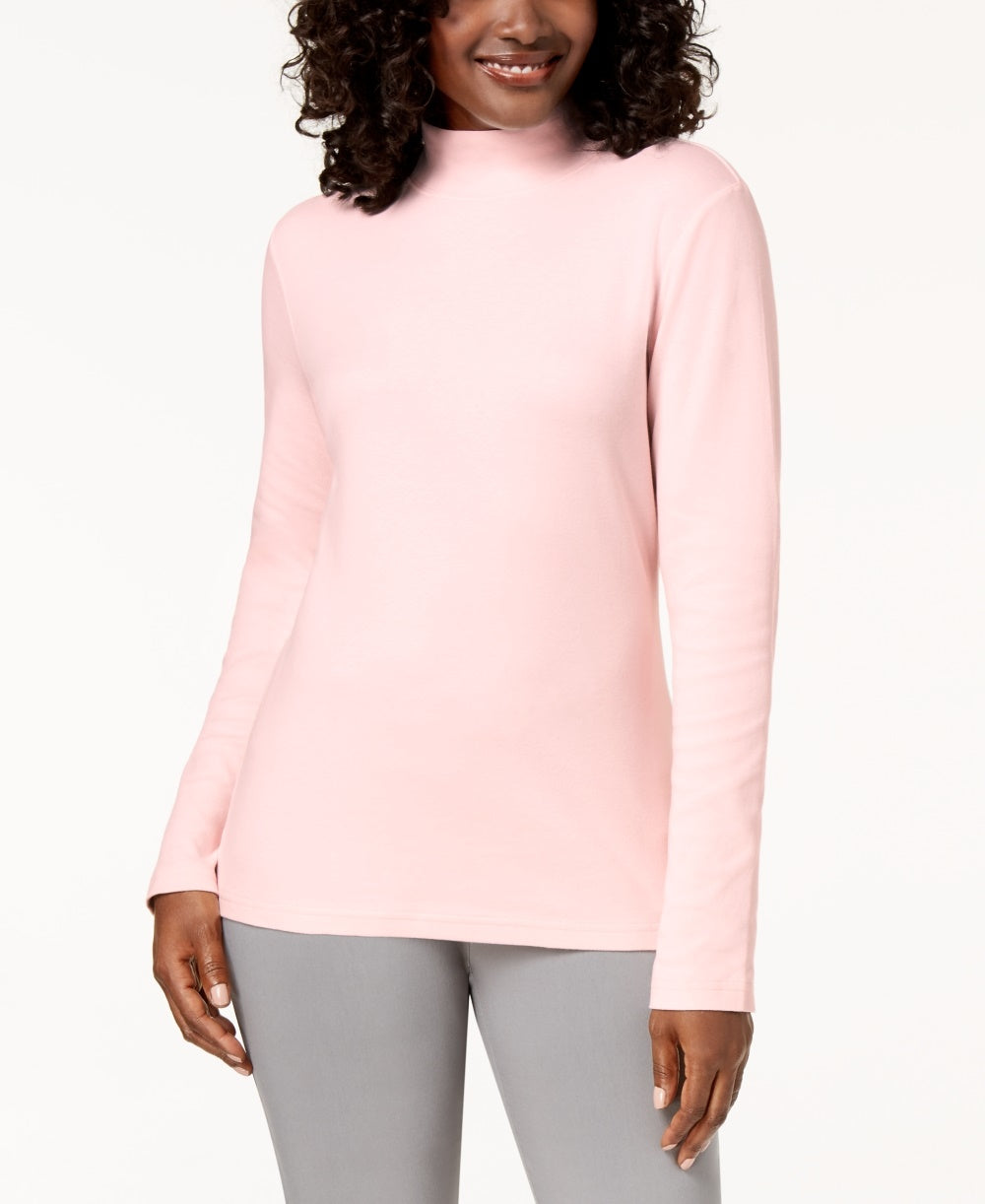 Karen Scott Women's Petite Long-Sleeve Mock-Neck Cotton Top Pink Size PM