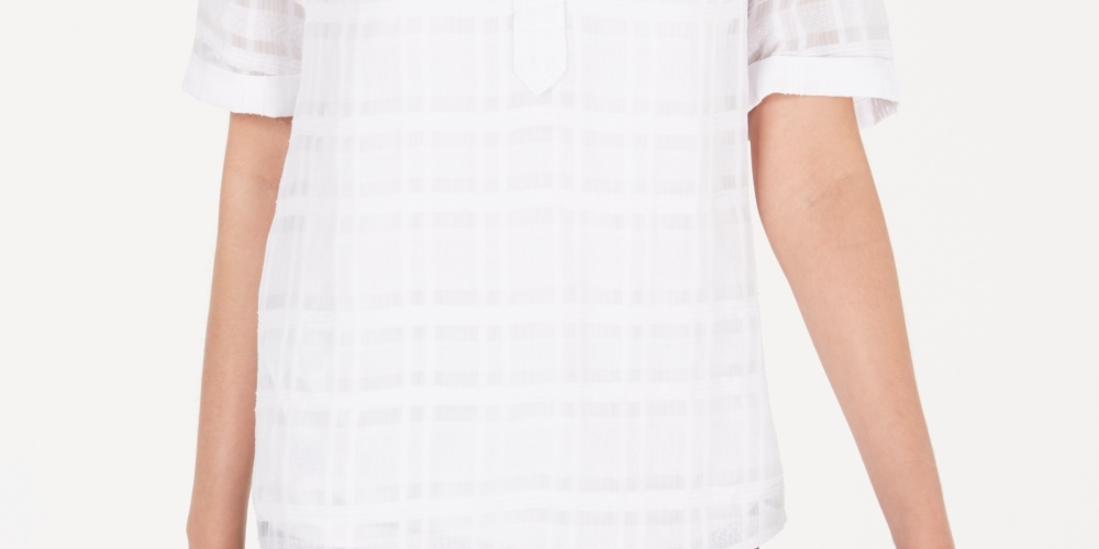 Alfani Women's Plaid V Neck Top White Size Petite X-Large
